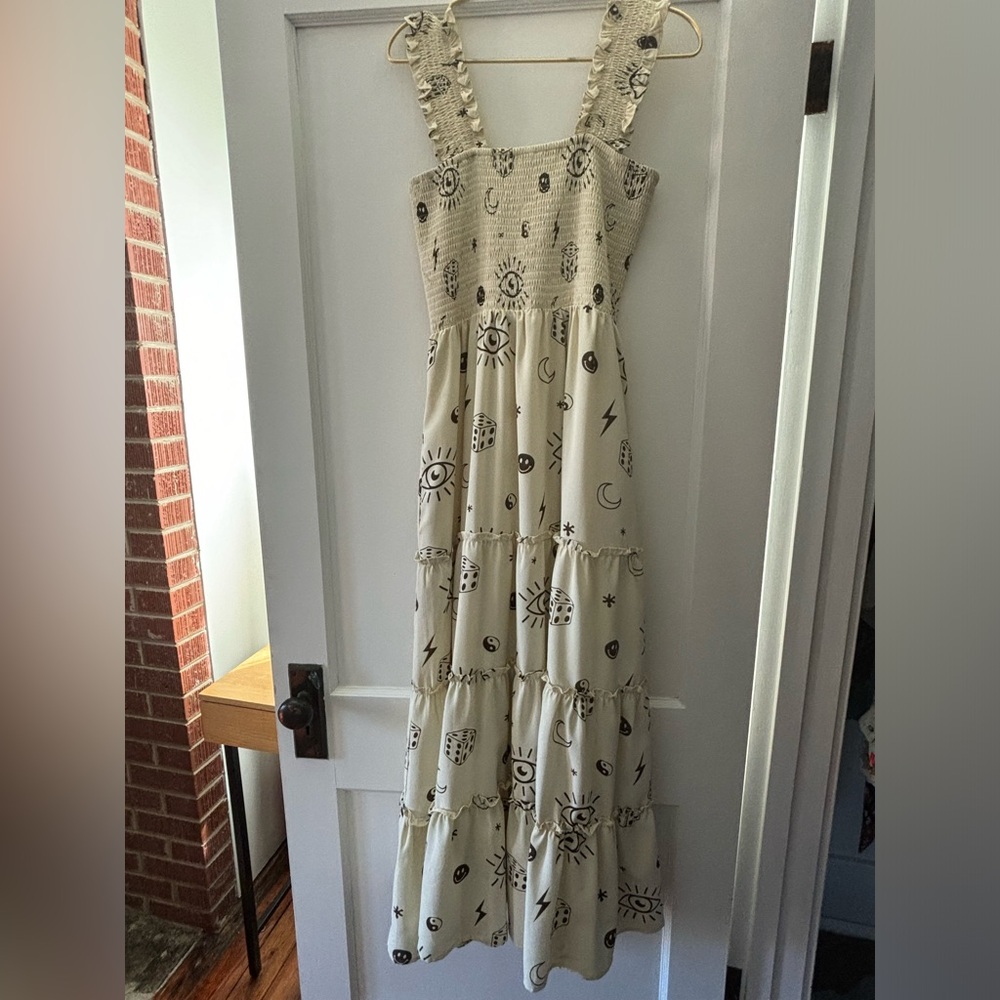 Dressed in LALA Cream Maxi Sundress with Black Celestial Print